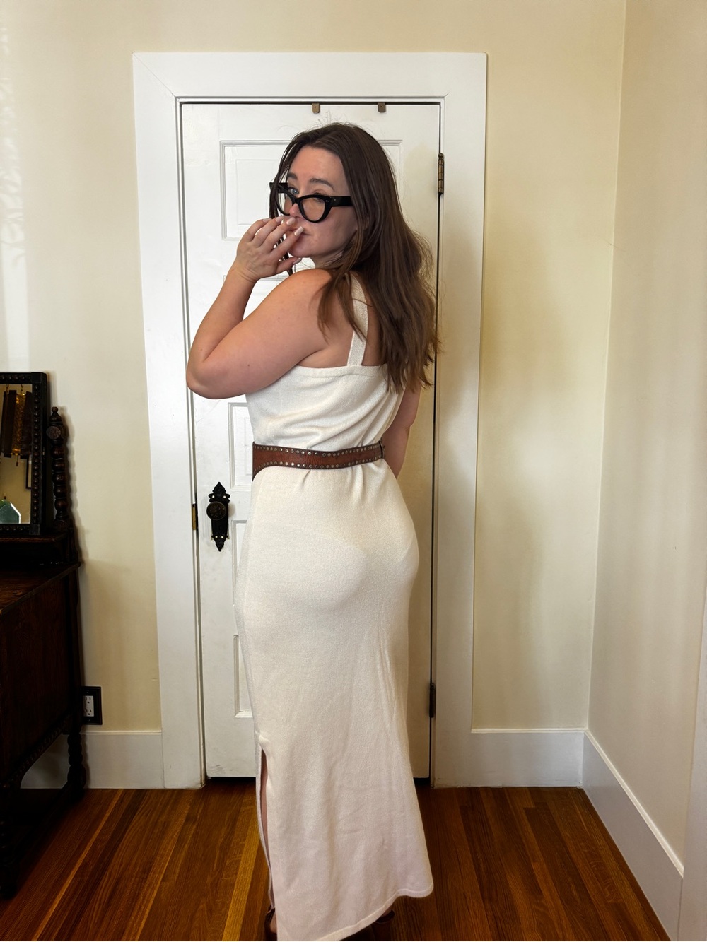 70s Vintage Santana Knit Maxi Dress Cream Column Karen Couture Los Angeles Sz XL - Picture 2 of 8